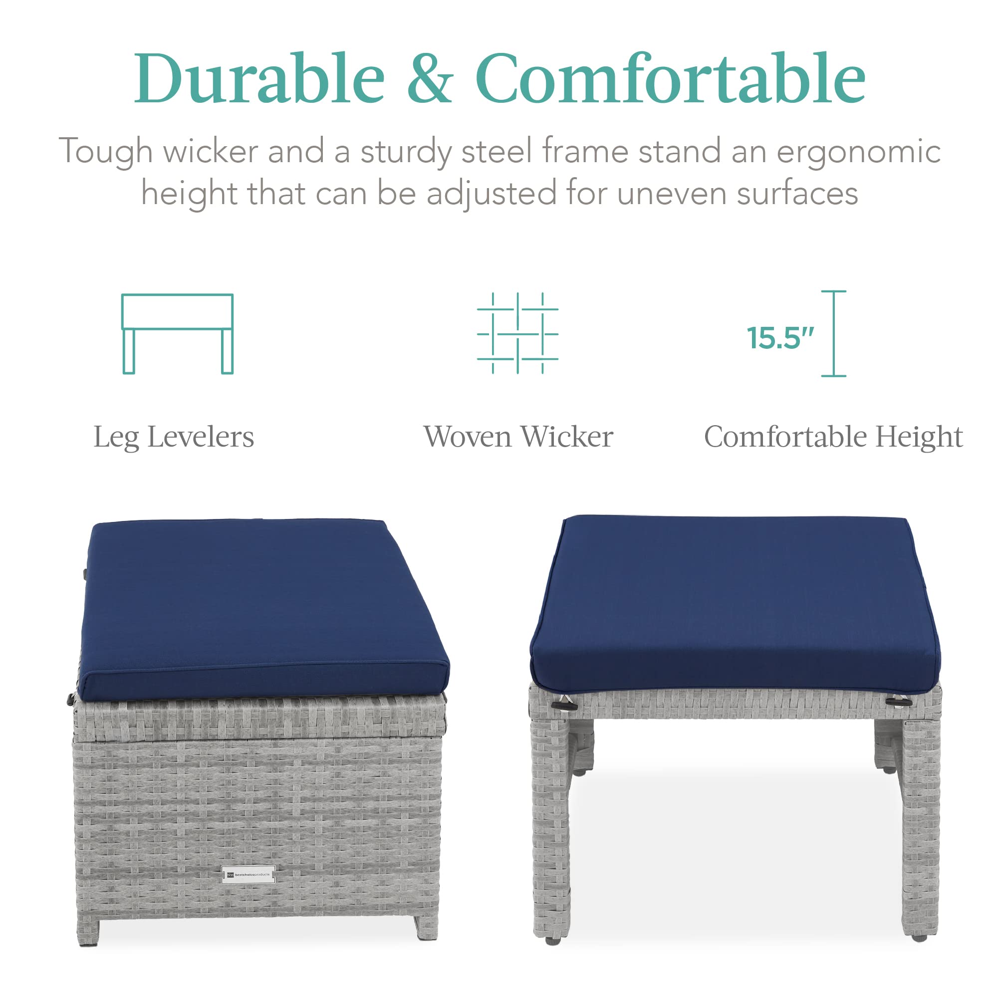 Best Choice Products Set Of 2 Wicker Ottomans, Multipurpose Outdoor Furniture For Patio, Backyard, Additional Seating, Footrest, Side Table W/Removable Cushions, Steel Frame - Gray/Navy