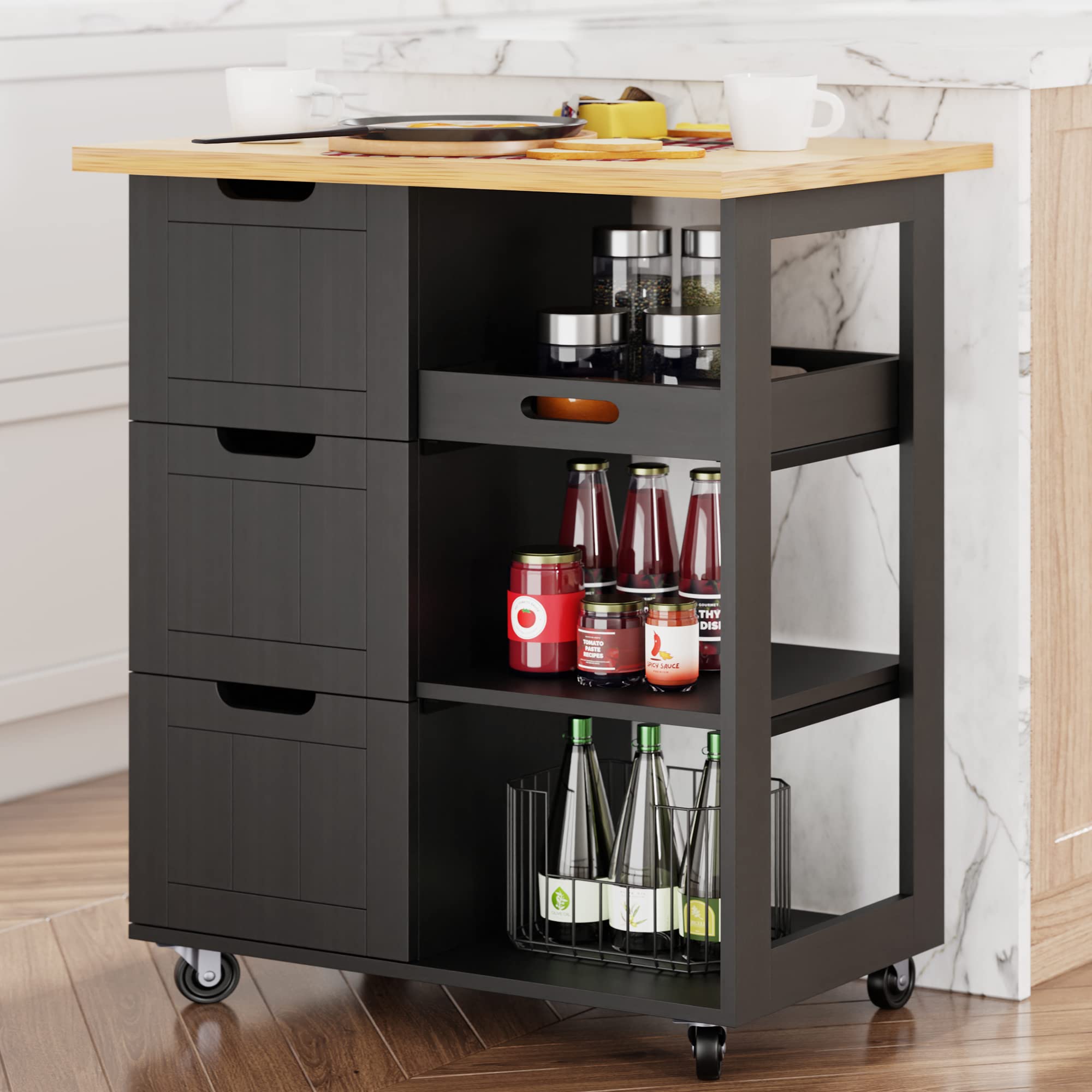 Shintenchi Kitchen Island Cart With Storage,Rolling Kitchen Island Storage Cabinet,Side Table On Wheels With Worktop,3 Open Shel