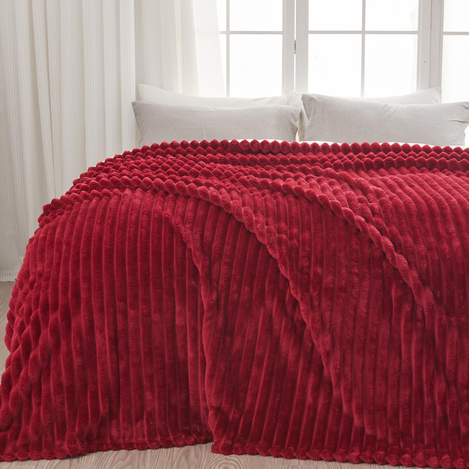 Newcosplay Super Soft King Blanket Red Premium Silky Flannel Fleece 3D Ribbed Jacquard Lightweight Bed Blanket All Season Use (R