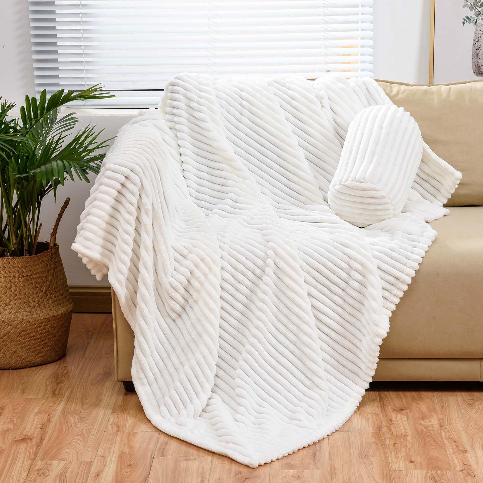 Bnuitland White Flannel Throw (60X80 Inches) With Storage Pouch,300Gsm Super Soft Fleece Stripe Pattern Sofa Blanket For Adults,