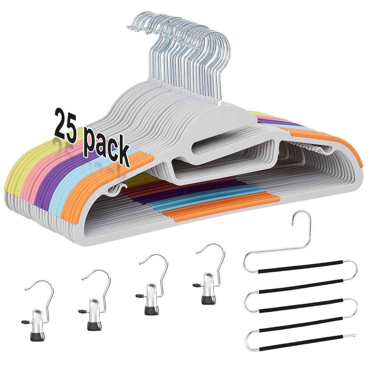 VECELO 25 Pack Coat Hangers, Premium Quality Plastic Suit Clothes Hanger, Non-Slip, Heavy-Duty, S-Shaped Opening, 360 Swivel Hoo