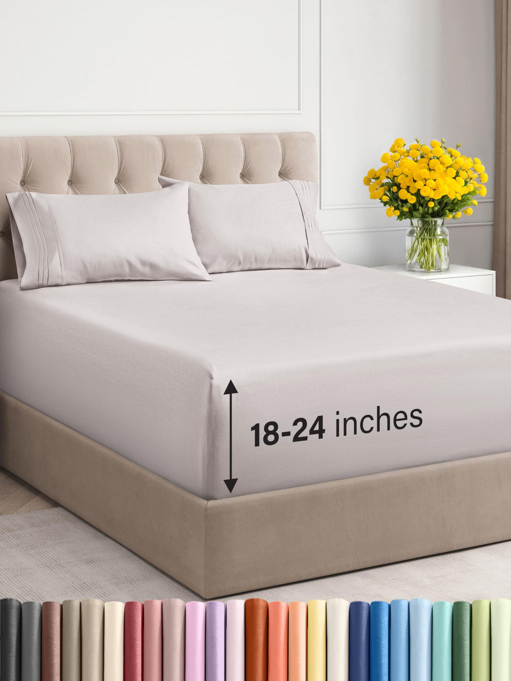 Extra Deep Pocket Cal King Sheets - 4 Piece Breathable & Cooling Bed Sheets - Hotel Luxury Sheet Set - Soft, Wrinkle Free & Comfy - Easily Fits Extra Deep Mattresses - Deep Pocket Light Grey Sheets