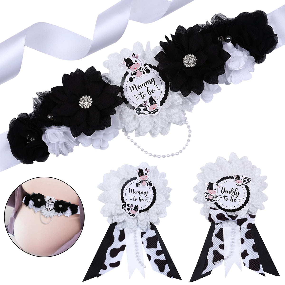 JOYMEMO Cow Baby Shower Sash - Maternity Sash Kit with Mom to Be Dad to Be Corsage Pins, Cow Gender Reveal Pregnancy Flower Bell