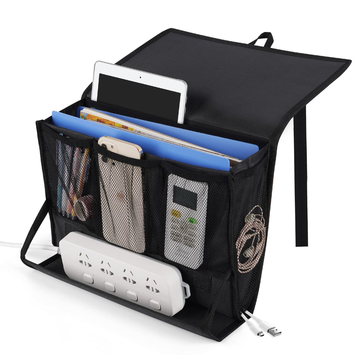 Retyion Bedside Storage Organizer with Power Strip Holder and Adjustable Straps Bed Hanging Bag for Home Bunk Bed Dorm Sofa (Bla