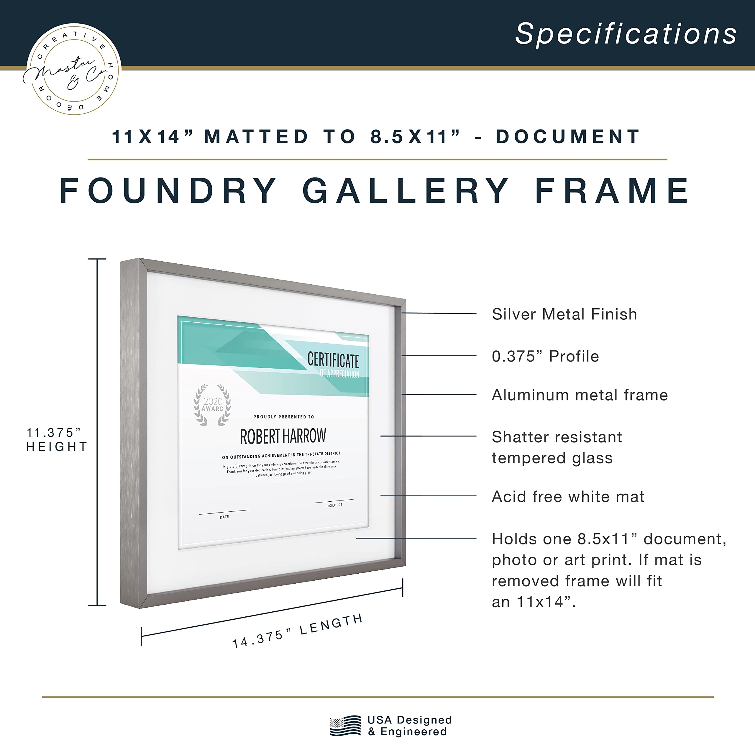 Mcs Master & Co. Foundry Metal Gallery Wall Frame, Dark Silver, 11 X 14 In Matted To 8.5 X 11 In