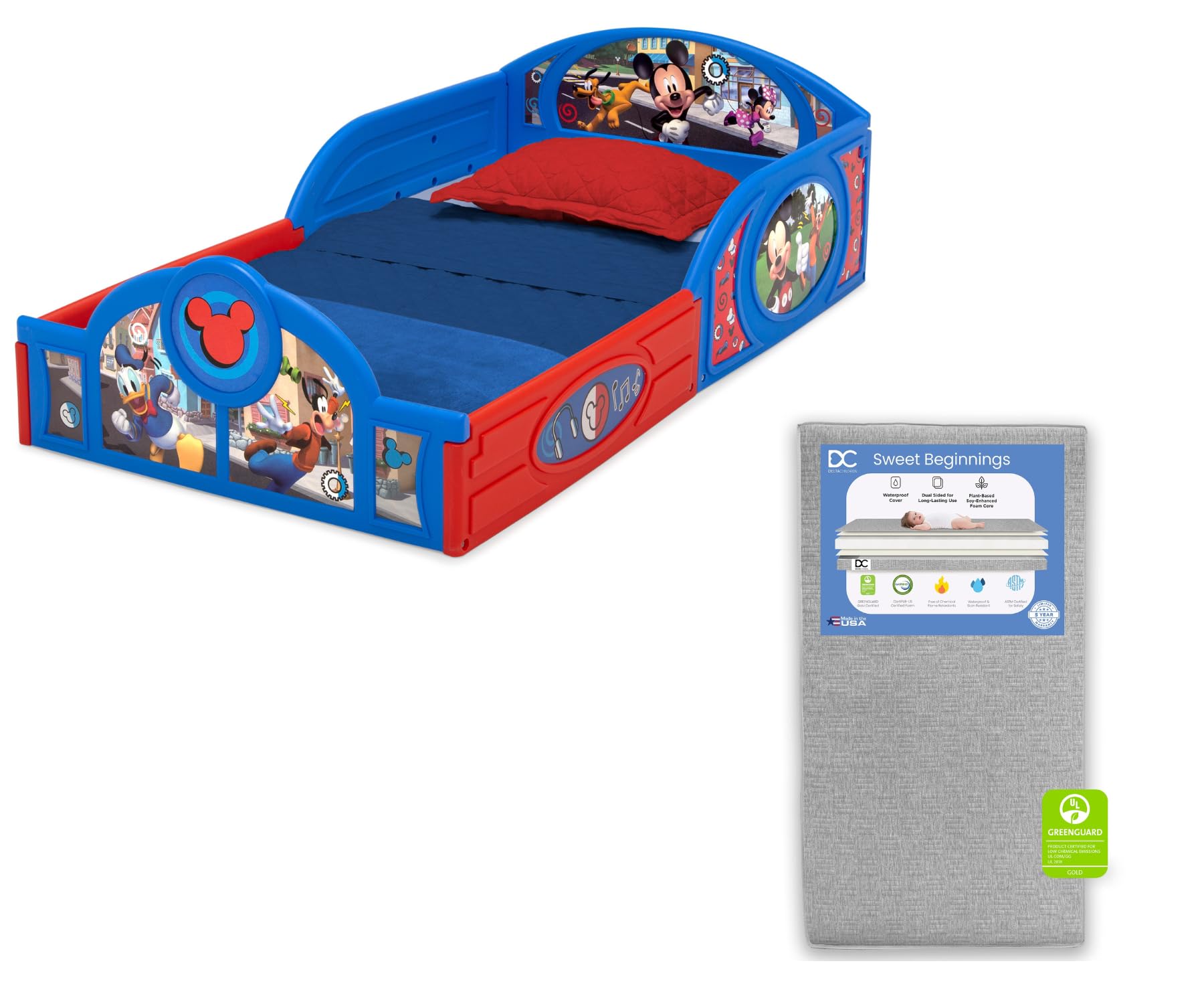 Delta Children Disney Mickey Mouse Plastic Sleep and Play Toddler Bed with Attached Guardrails Sweet Beginnings Dual Sided Crib 