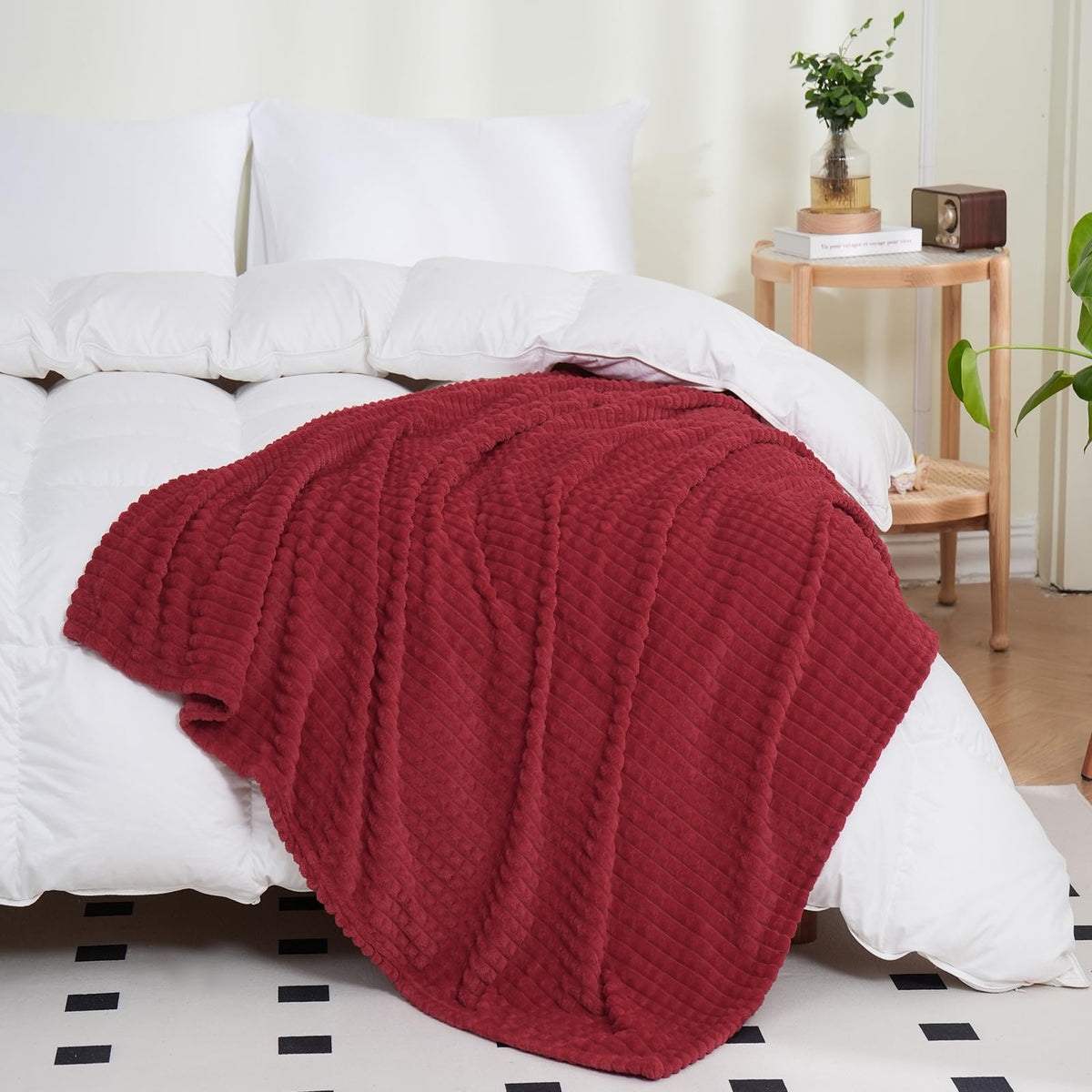 Puncuntex Flannel Fleece Throw Blanket Red 108''  90'',Super Soft Plush Cozy Blanket With Square Grid Design Luxury For Couch So