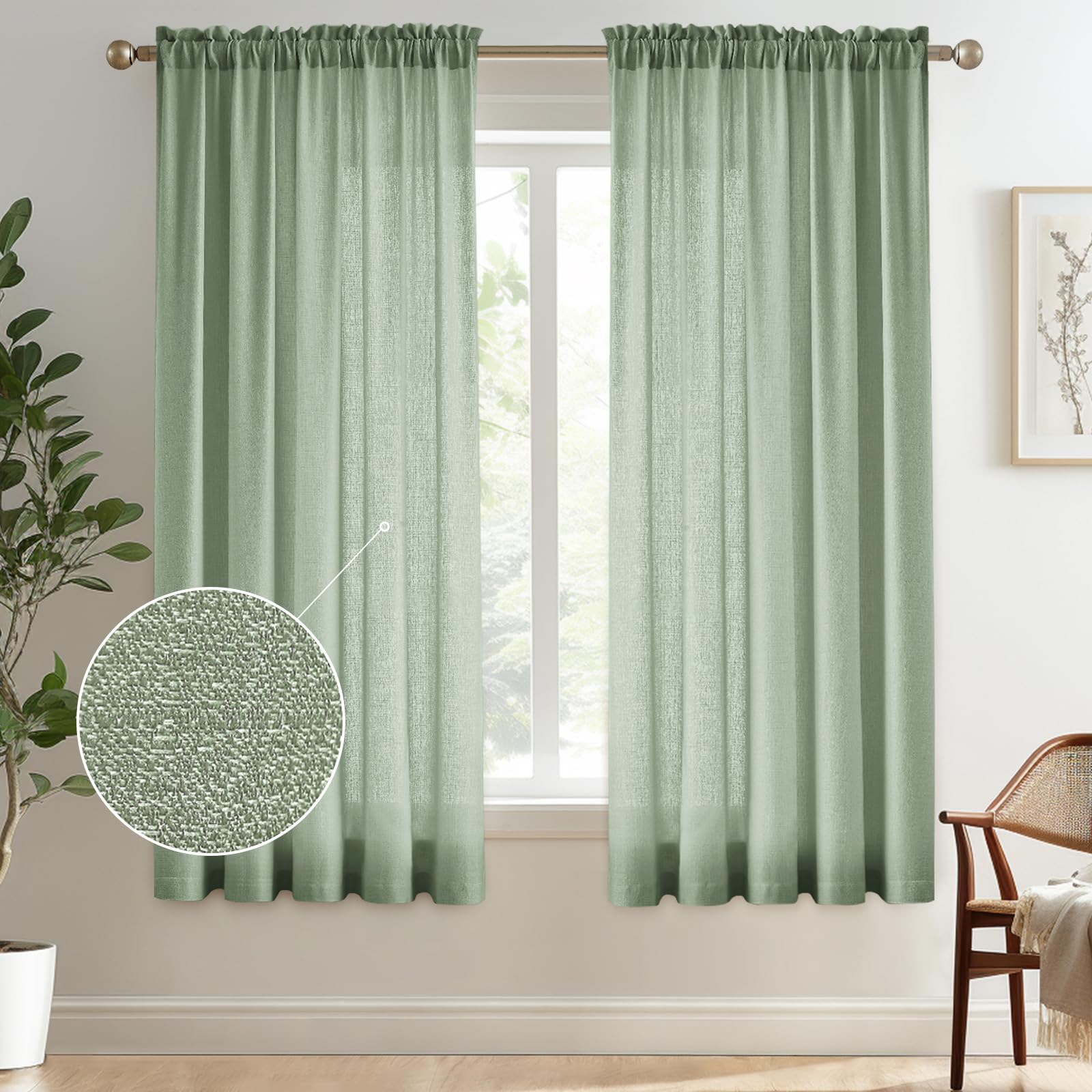 Melodieux Sage Green Semi Sheer Curtains 72 Inches Long For Bedroom, Living Room Linen Look Privacy Window Rod Pocket Sheer Drap