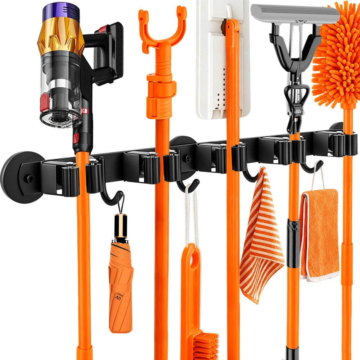 Rukinovi Magnetic Broom Holder Wall Mount with 4 Hooks and 5 Rack Heavy Duty NonSlip Mop Hanger for Wet Mops&Cleaning Tools on