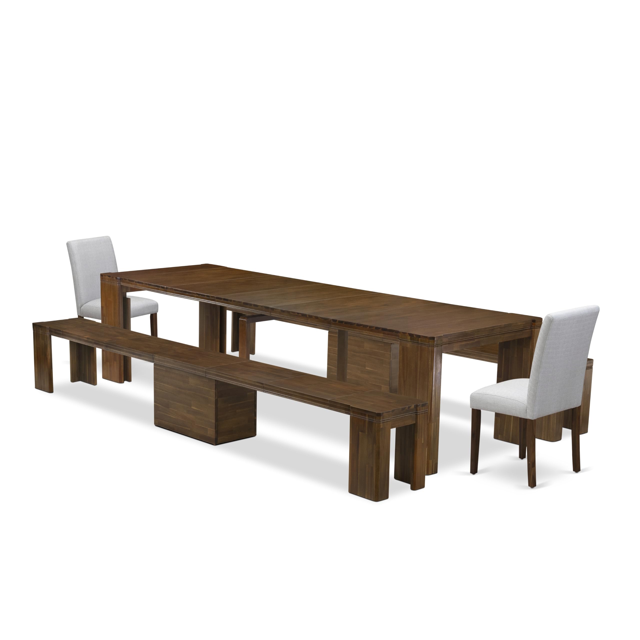 Luxe by East West Furniture - X02AB-208-05 - 5 Pieces Modern Dining Table Set includes an Extendable Rectangle Kitchen Table, 2 Dining Chairs and 2 Modern Benches, 39x120 Inch, Antique Walnut