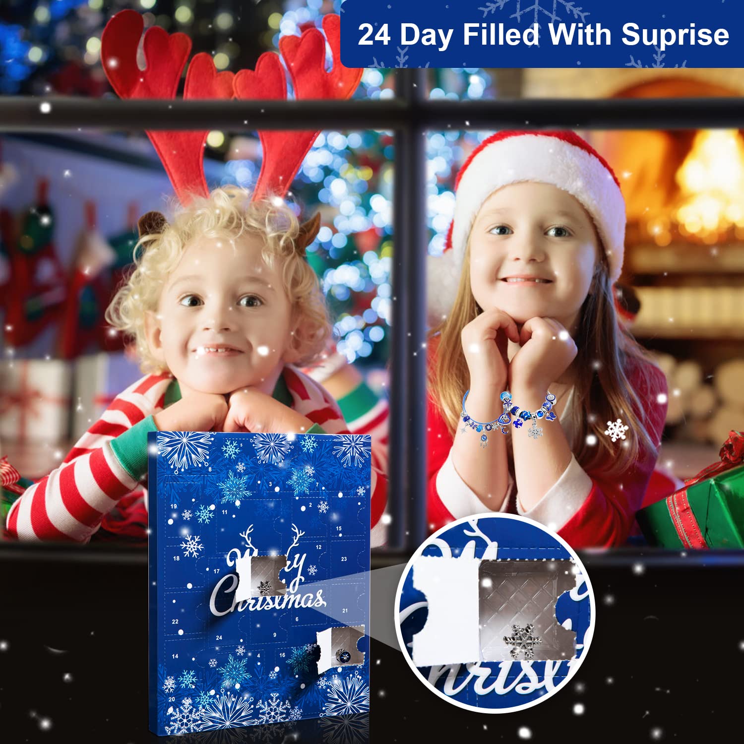 Jewelry Advent Calendar Women, 24 Day Christmas Countdown Calendar Diy Charm Bracelets & Necklaces With Blue Charm Beads, Xmas S