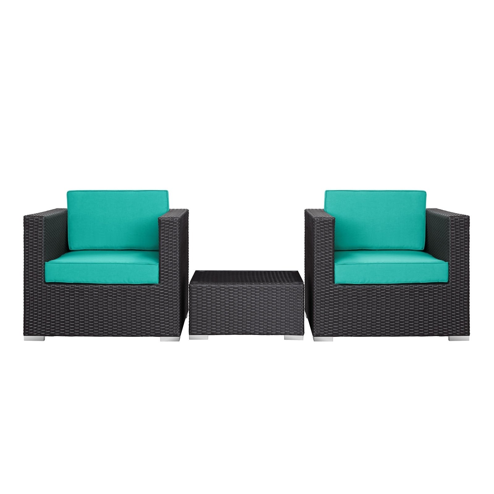 Modway Burrow 3-Piece Espresso Patio Sectional Set With Turquoise Cushions