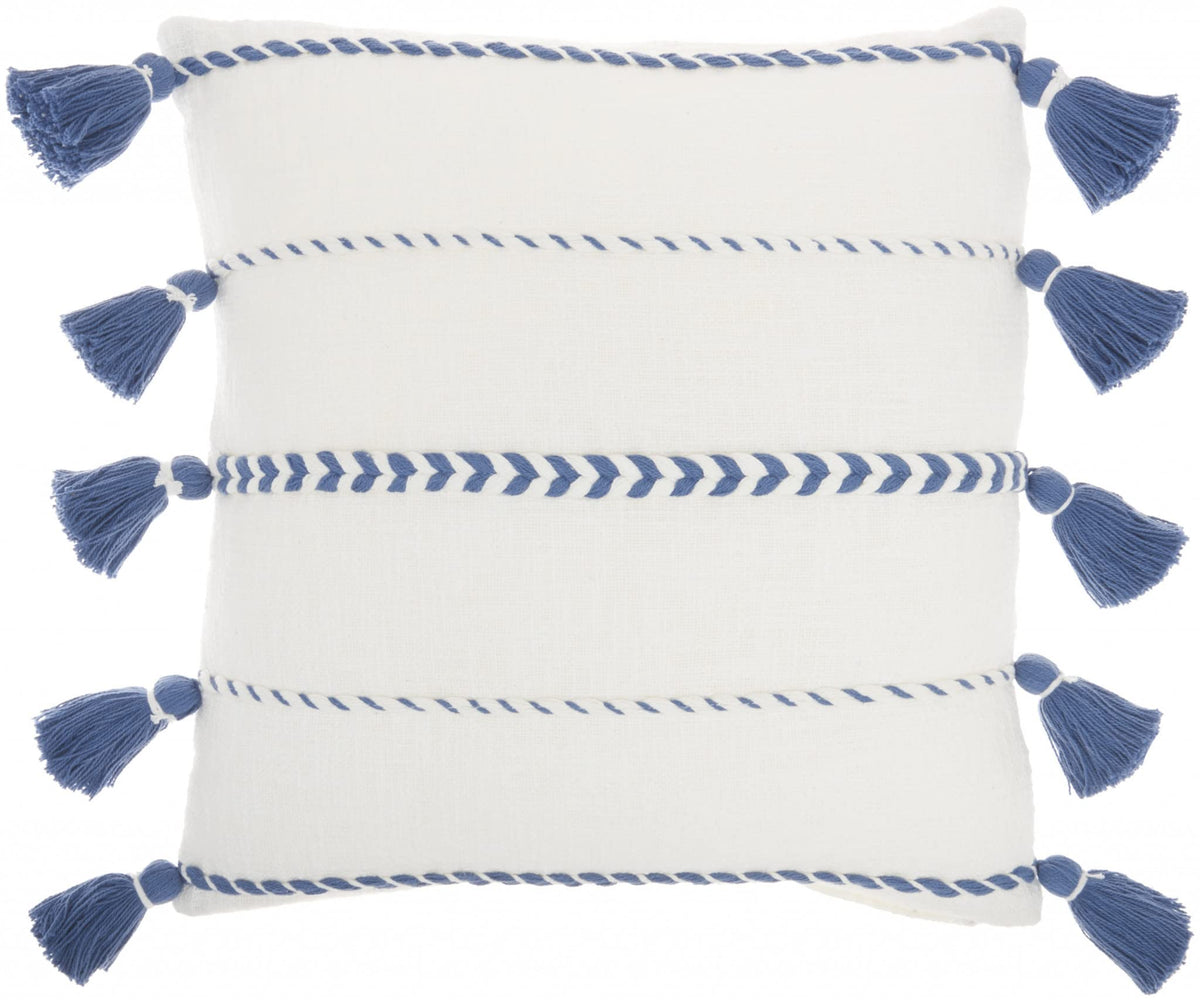 HomeRoots Bohemian White Cotton Accent Pillow with Blue Tassel Details