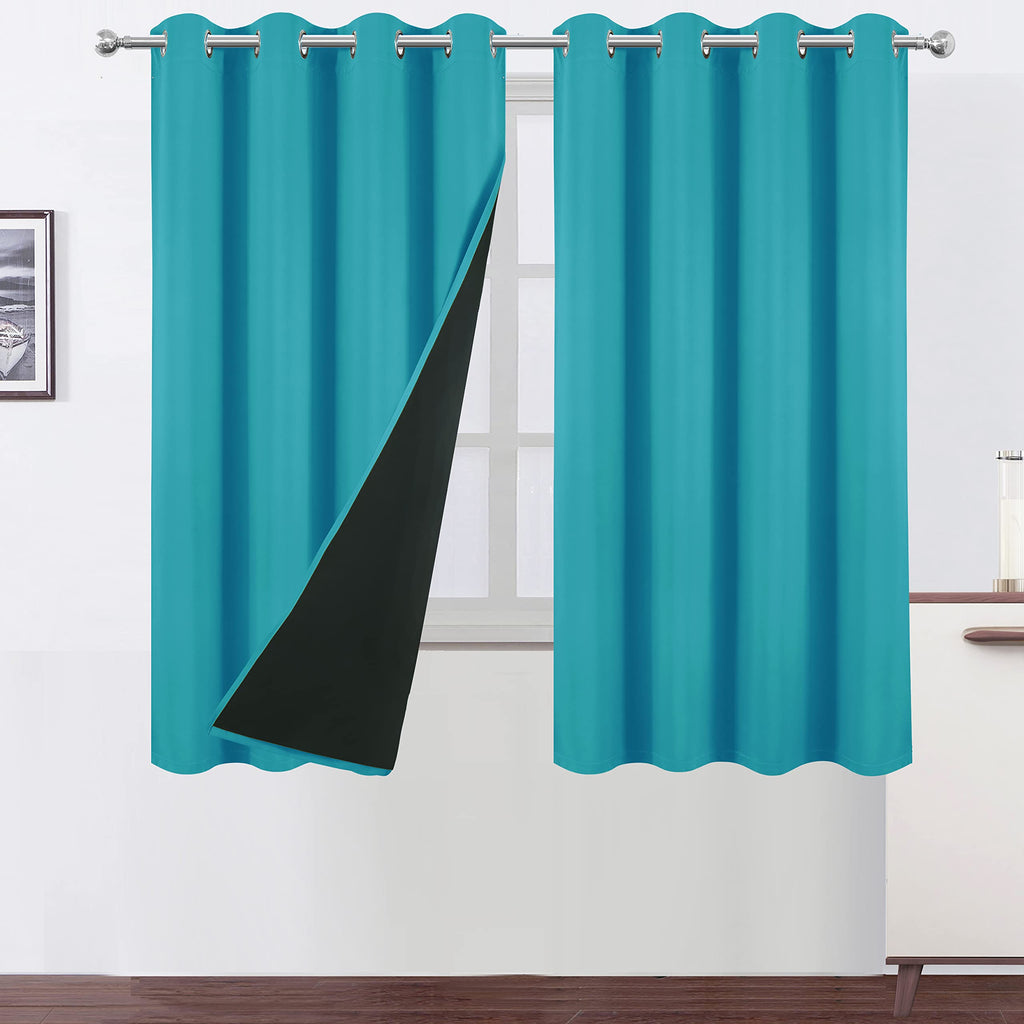 LEMOMO 100% Blackout Curtains 52 x 63 Inch/Teal Curtains 2 Panels with Black Lining Room Darkening Thermal Insulated Bedroom Cur