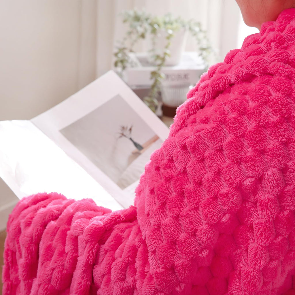 Puncuntex Hot Pink Throw Blanket 90''  90'' Inches Fuzzy 3D Jacquard Decorative Flannel Fleece Super Soft Plush Cozy Blanket For