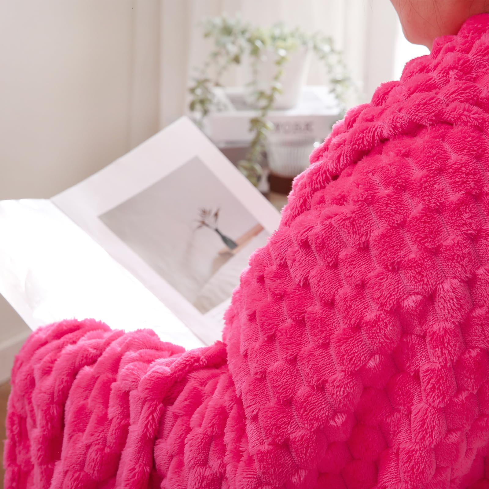 Puncuntex Hot Pink Throw Blanket 90''  90'' Inches Fuzzy 3D Jacquard Decorative Flannel Fleece Super Soft Plush Cozy Blanket For