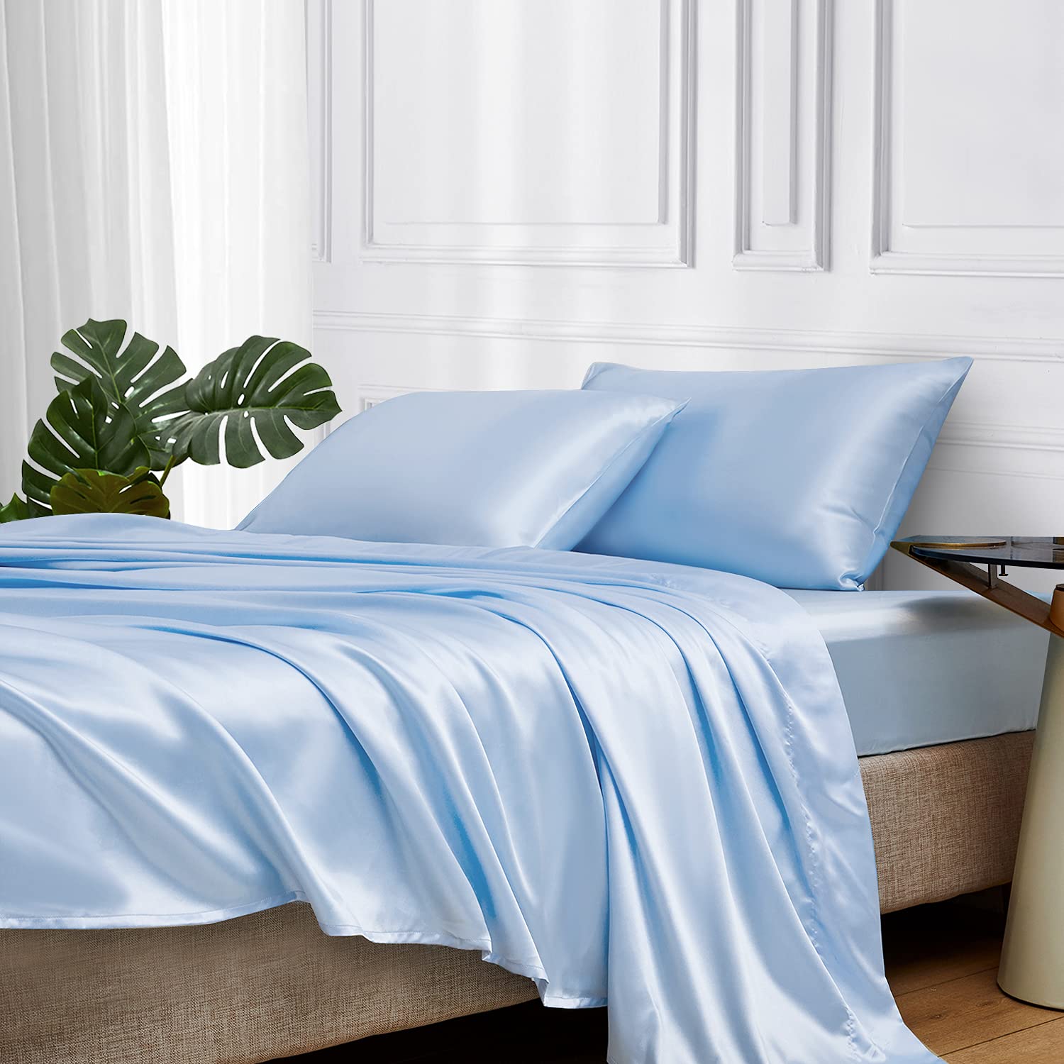 Mr&Hm Satin Bed Sheets, Queen Size Sheets Set, 4 Pcs Silky Bedding Set With 15 Inches Deep Pocket For Mattress (Queen, Light Blu