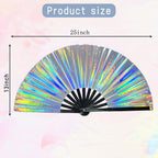 Dmjuncong Large Folding Hand Rave Fan,Clack Handheld Fan,Holographic Laser Colors Hand Fan,For Festivals,Rainbow Outfits,Disco P