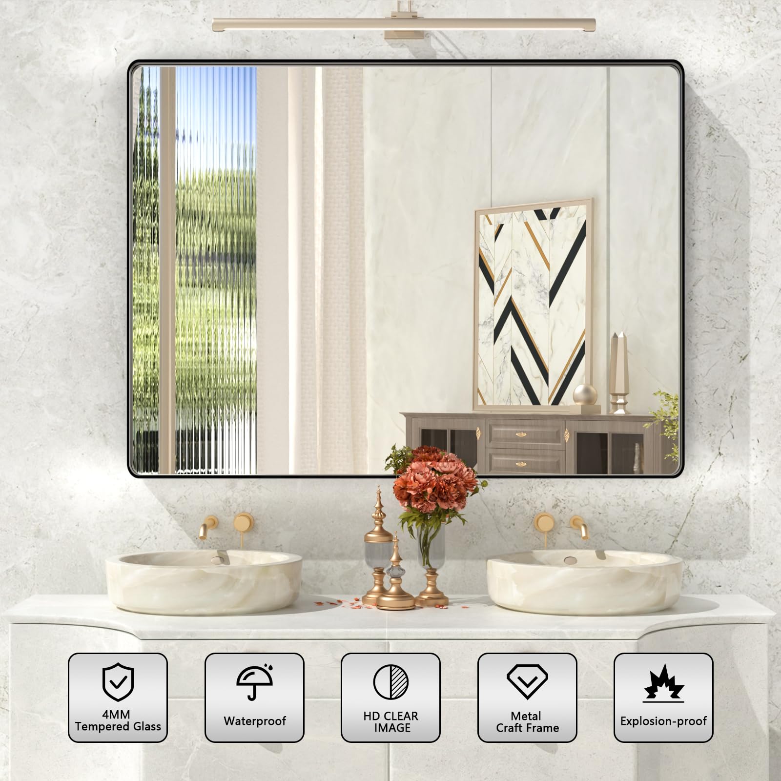 Istripmf Black Bathroom Mirror,48X36 Inch Large Matte Black Bathroom Vanity Mirror,Rectangle Black Metal Framed Mirror For Wall,