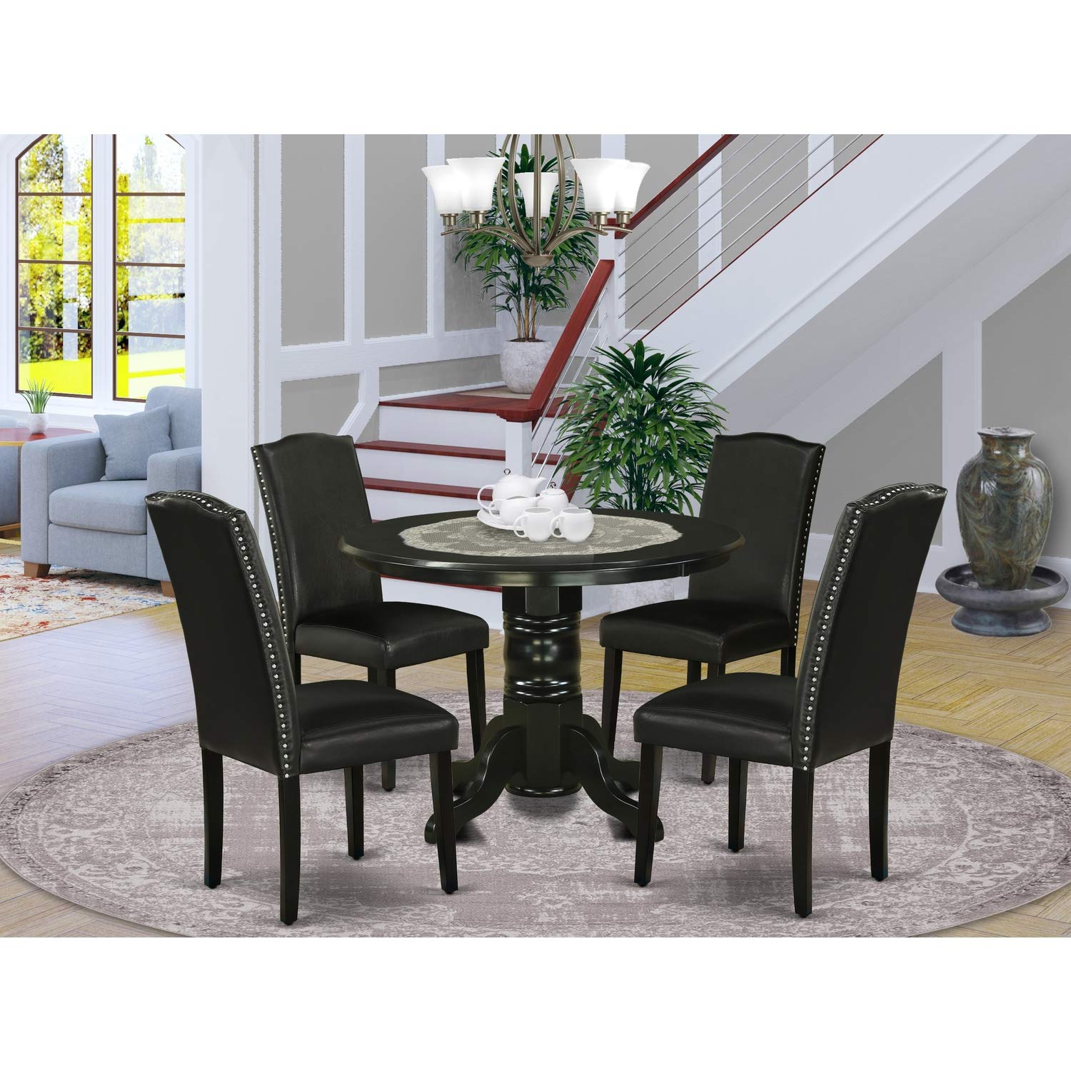 East West Furniture Shen5-Blk-69 5 Piece Dining Room Table Set Includes A Round Kitchen Table With Pedestal And 4 Black Faux Leather Parson Dining Chairs, 42X42 Inch, Black