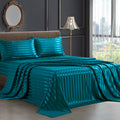 Siinvdabzx 4Pcs Satin Sheets Stripe Printed Sheets, Italian Style Silky Soft Teal Satin Queen Bed Sheets With Deep Pocket, 1 Fit