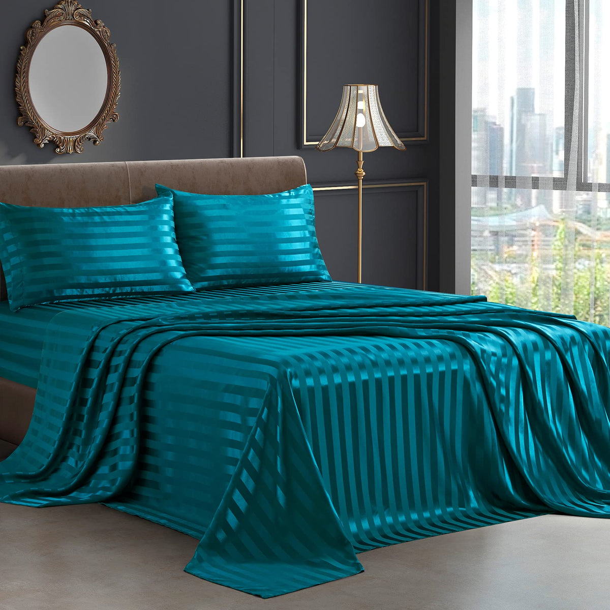 Siinvdabzx 4Pcs Satin Sheets Stripe Printed Sheets, Italian Style Silky Soft Teal Satin Queen Bed Sheets With Deep Pocket, 1 Fit
