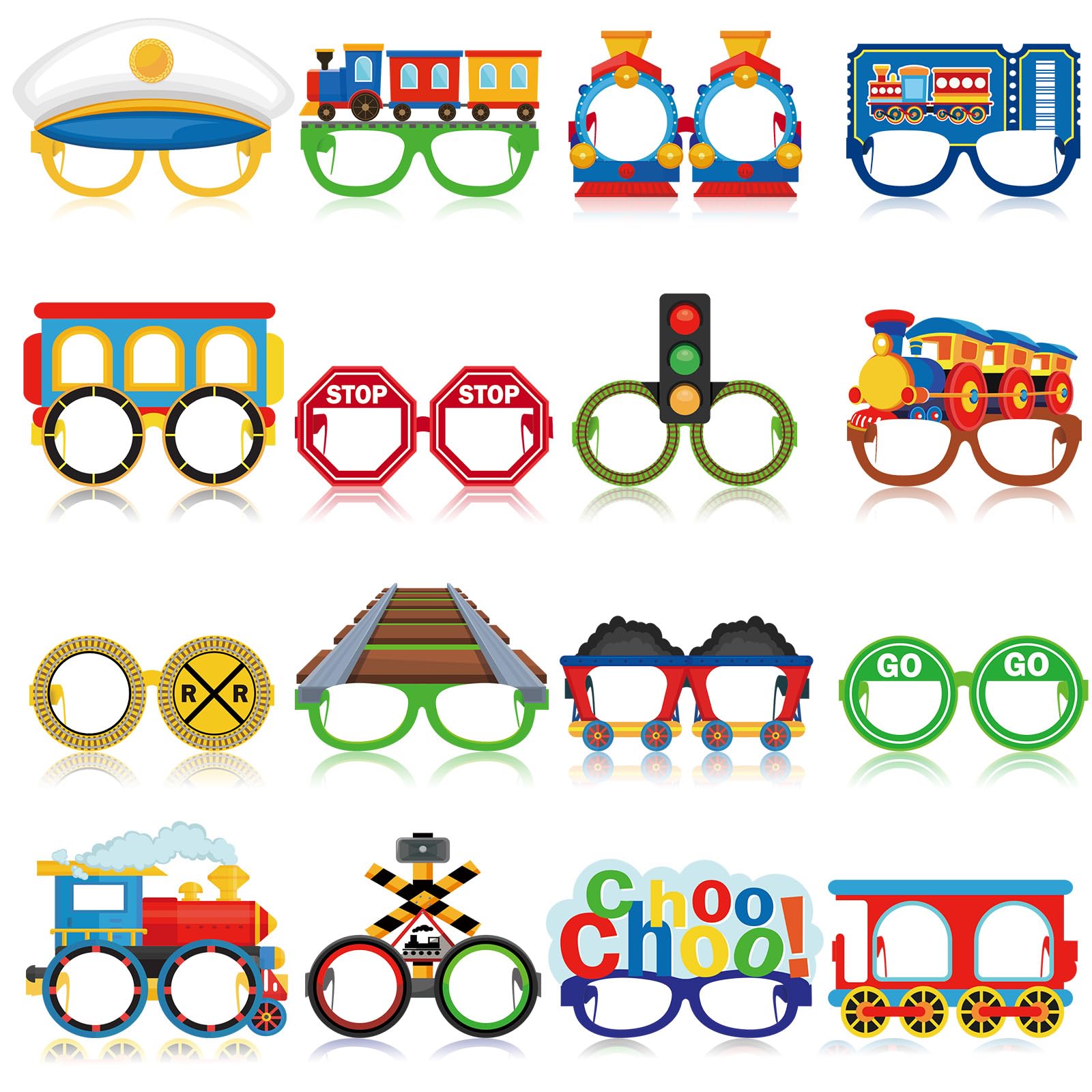 Pajean 32 Pcs Train Party Decoration Train Themed Paper Eyeglasses Photo Booth Props Transportation Party Supplies Paper Glasses