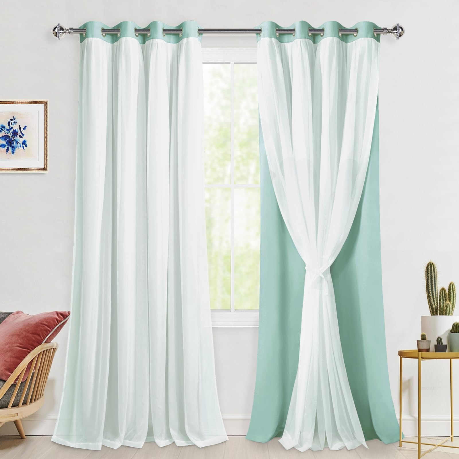 Hiasan Blackout Curtains with White Sheer, Mix & Match Double-Layer Thermal Insulated Sun Blocking Grommet Window Curtains for B