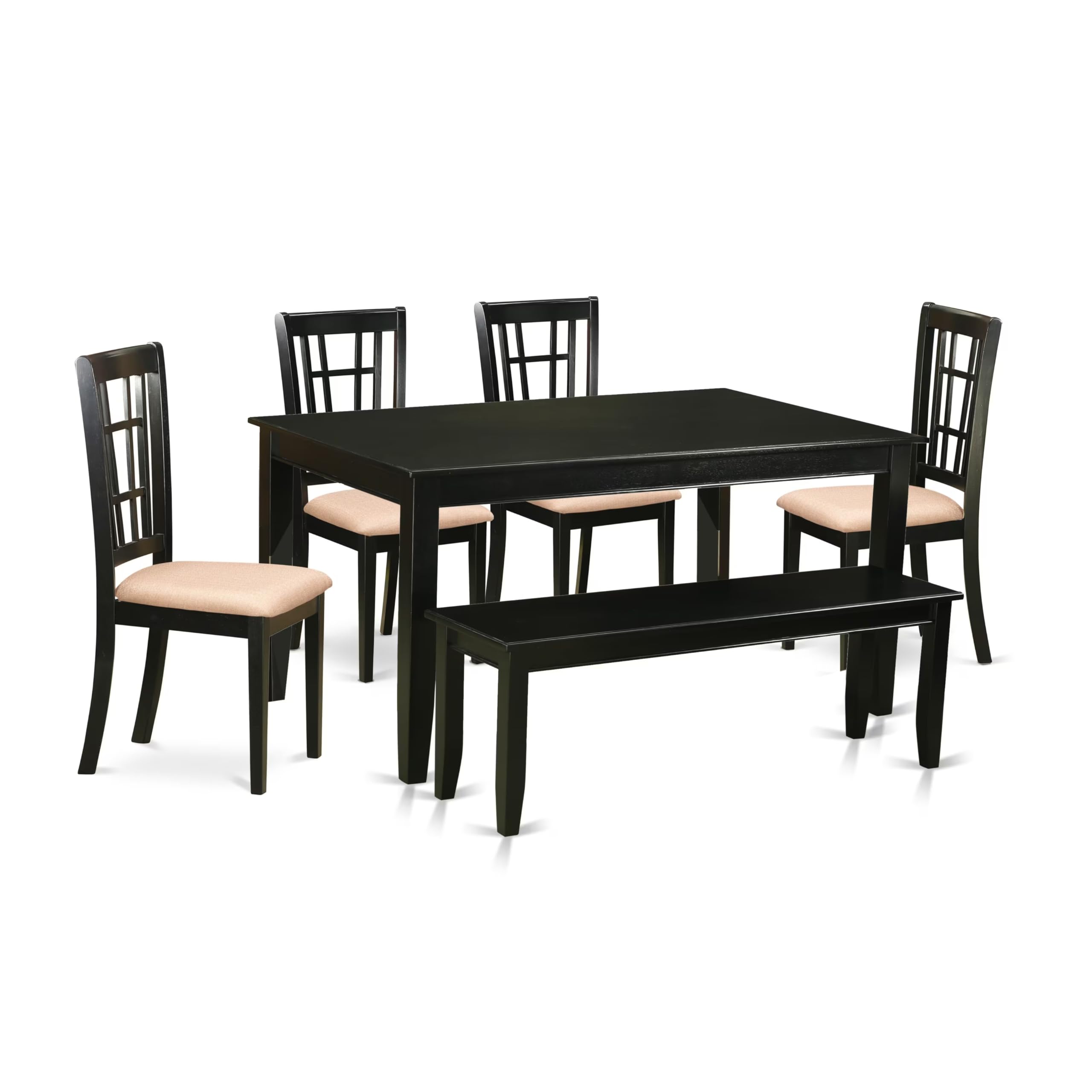East West Furniture DUNI6-BLK-C 6 Piece Dining Table Set Contains a Rectangle Wooden Table and 4 Linen Fabric Dining Room Chairs with a Bench, 36x60 Inch, Black