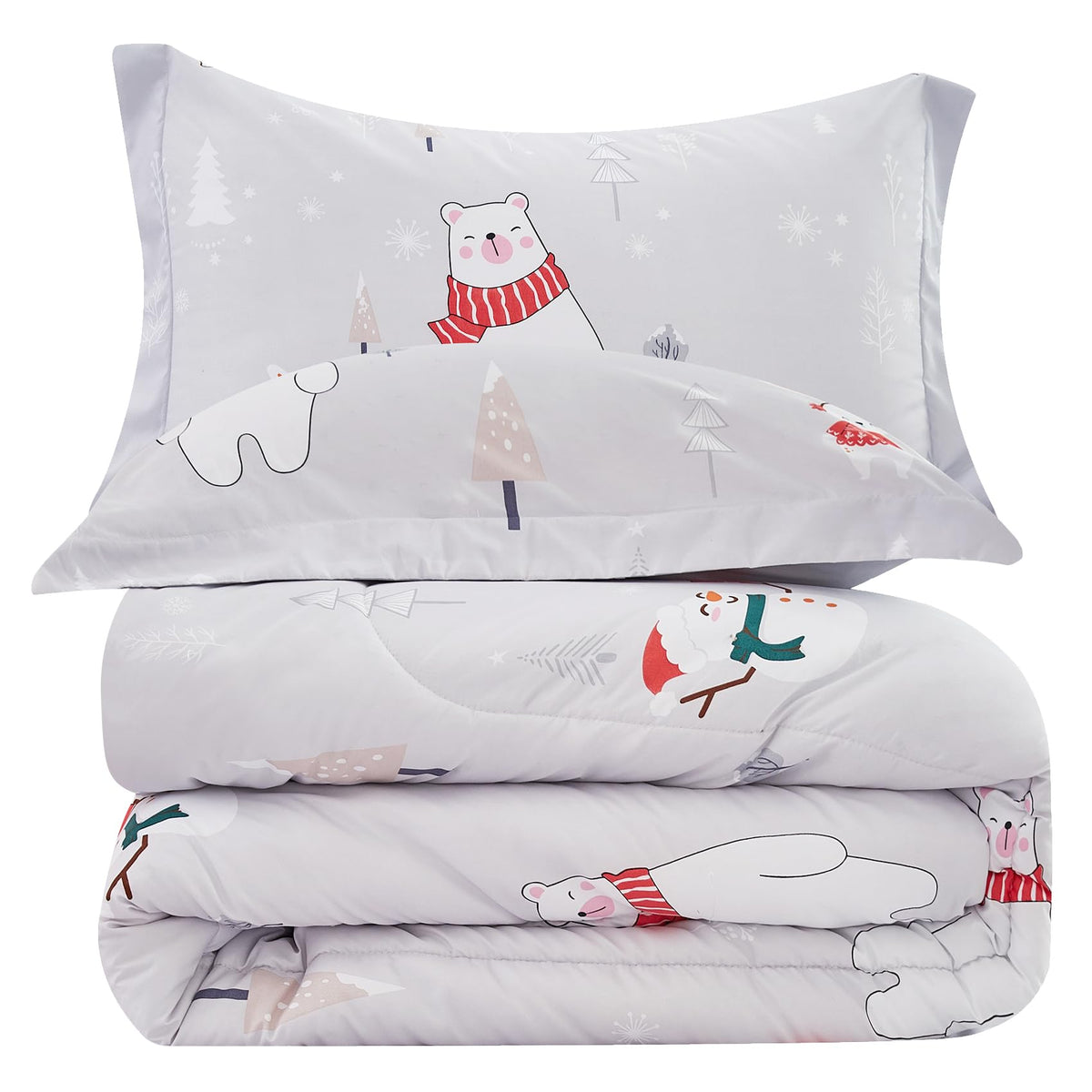 Kids Christmas Comforter Set Full For Boys Girls, Cute Reversible Quilted Bear Snowmen Reindeer Bunny Printed Bedding Set With P