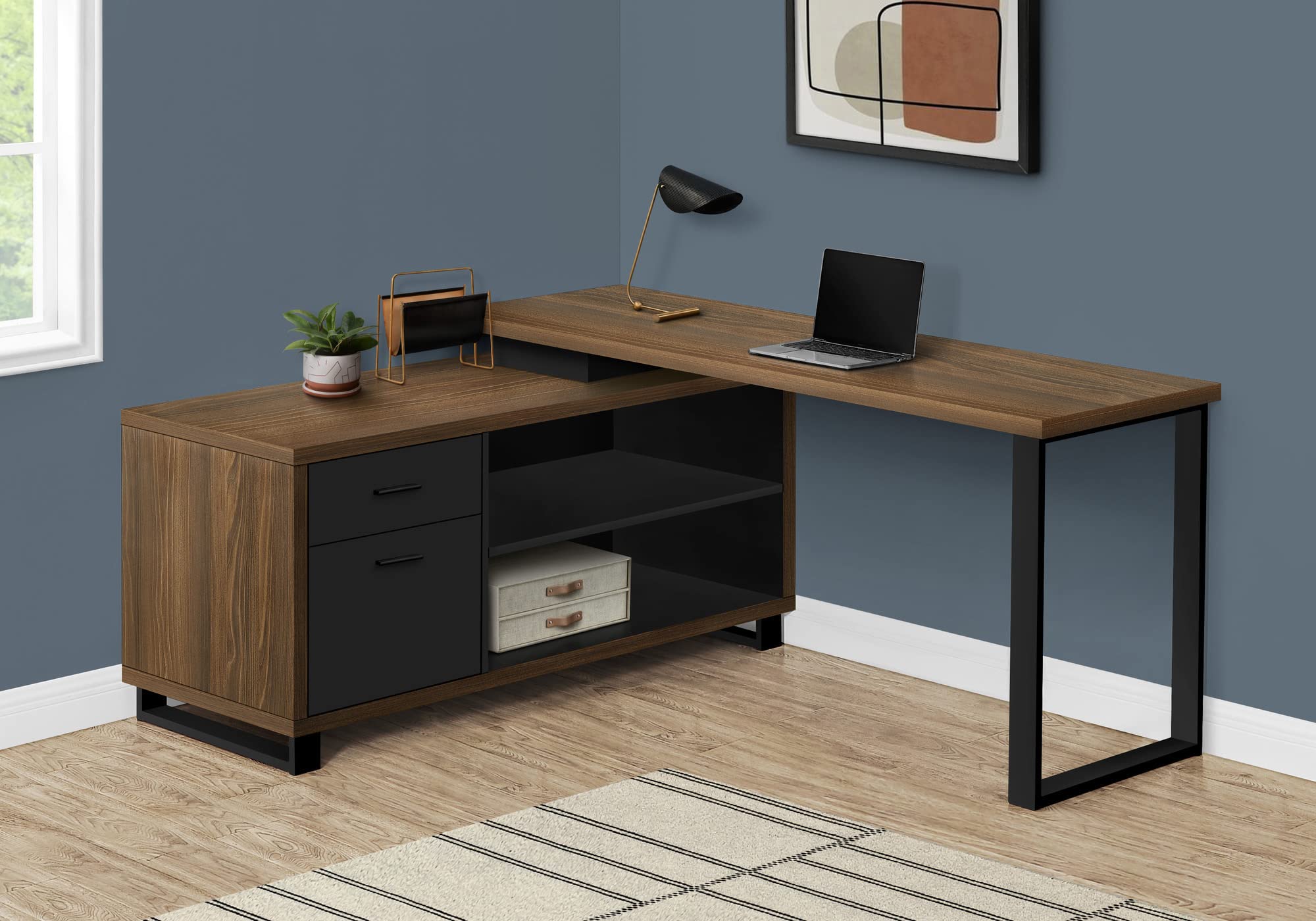 Monarch Specialties 7711 Computer Desk, Home Office, Corner, Storage Drawers, Shape, Work, Laptop, Metal, Laminate, Walnut, Black, Contemporary Desk-72 L Executive, 72&quot; L x 60&quot; W x 31.25&quot; H