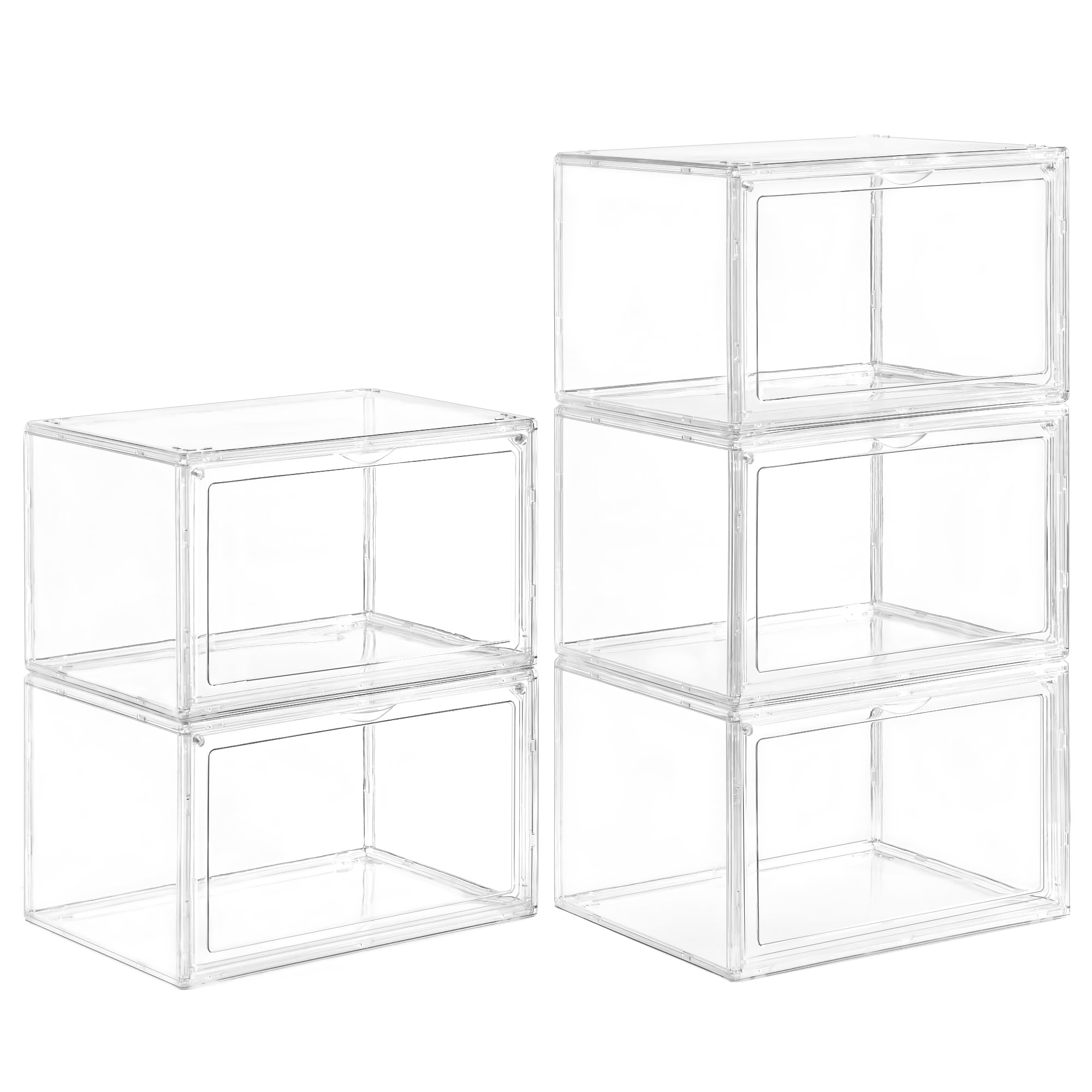 5 Pack Clear Stackable Shoe Organizer Box with Lids, Acrylic Shoes Box with Magnetic Doors, Transparent Shoe Storage Bins Closet