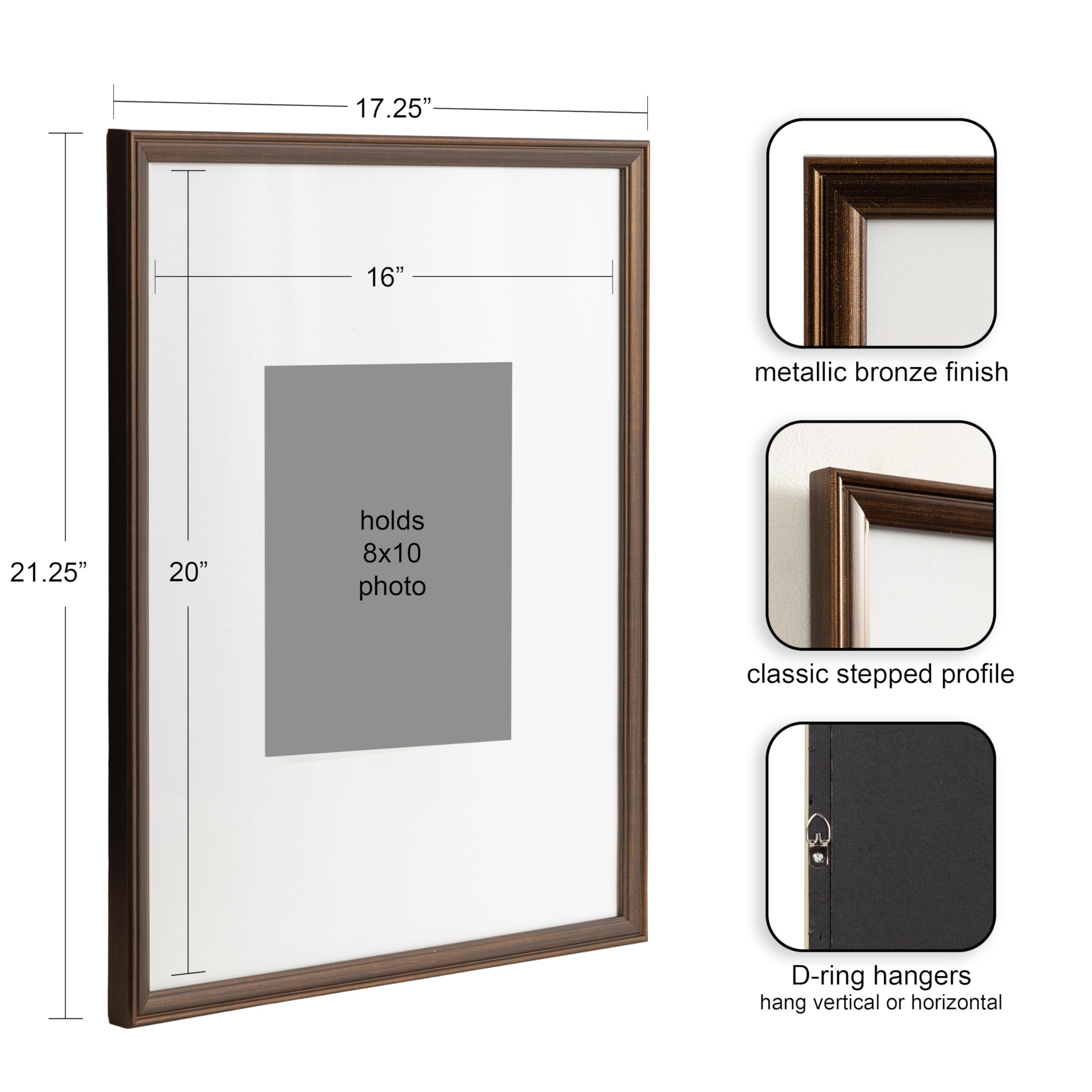 Kate And Laurel Adlynn Rectangle Picture Frame Set Of 3, 16 X 20 Matted To 8 X 10, Bronze, Vintage Three-Piece Frame Set For Gal