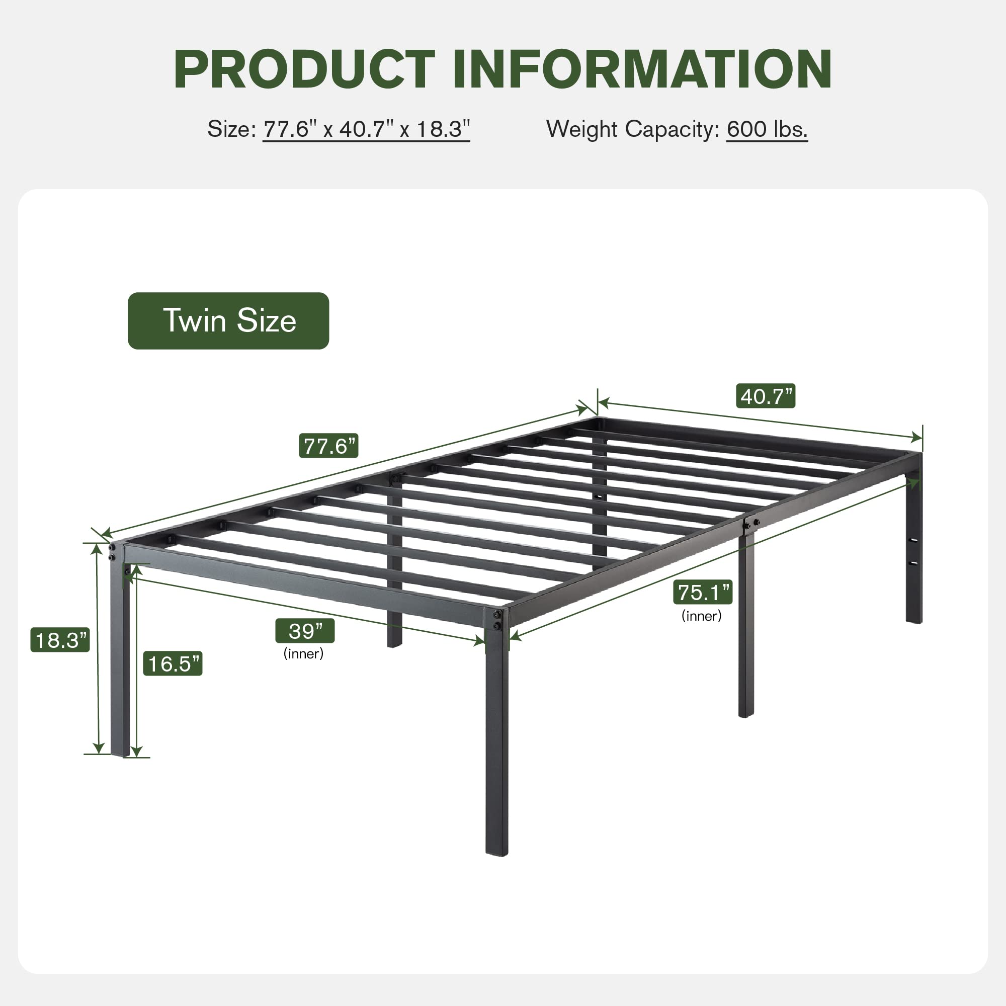 Imusee Heavy Duty Twin Size Platform Bed Frame With 18 Inch Large Under Bed Storage Space, Sturdy Metal Frame/Mattress Foundation/No Box Spring Needed/Easy Assembly/Noise-Free