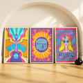 SoulAbiti Psychedelic Retro Music Trinity set of 3 Framed Wall Print 12x18 inch Light Brown Frame PlexiGlass Preppy Art ready t
