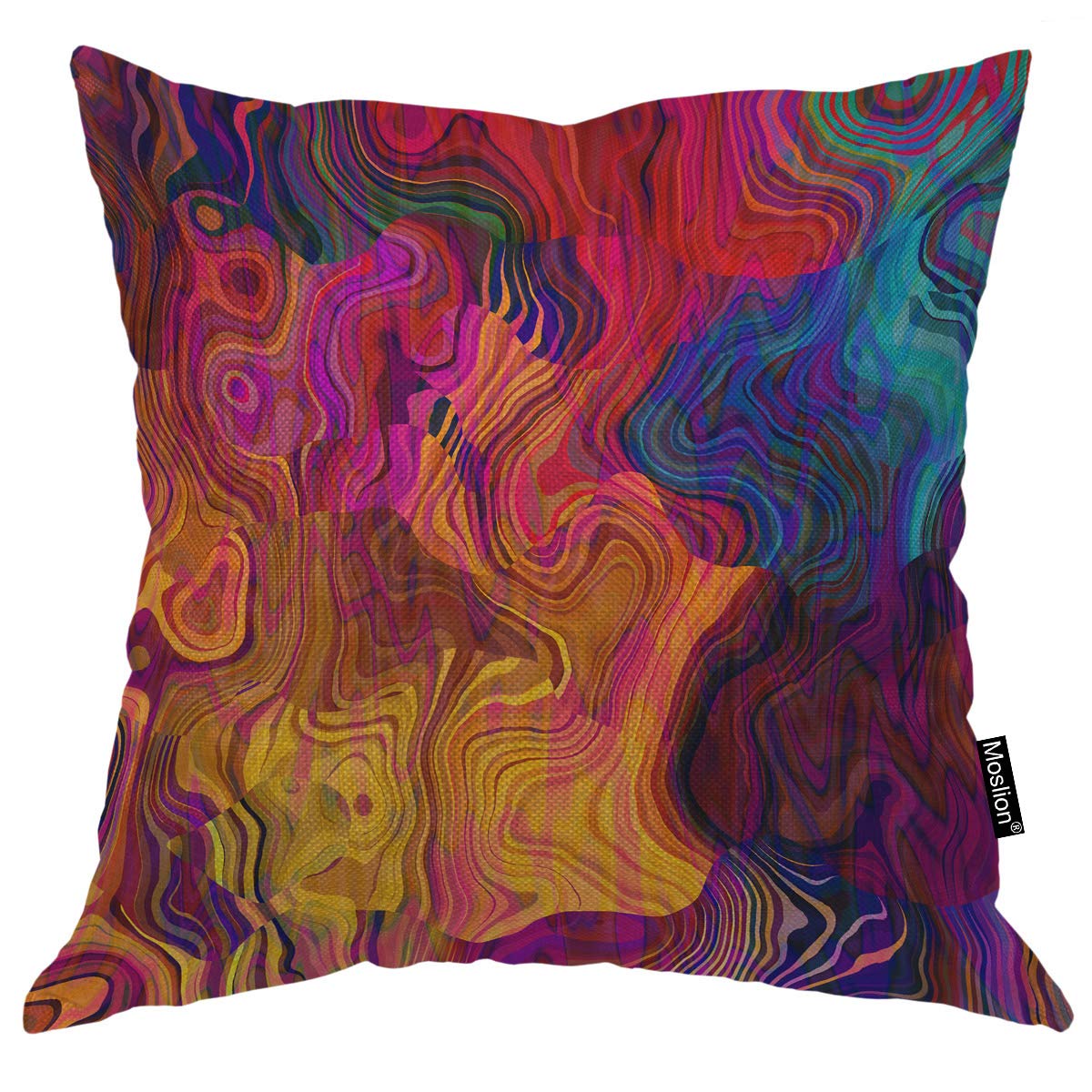Moslion Color Throw Pillow Cover Abstract Purple Pink Red Orange Golden Blue Chaotic Waves Colorful Rainbow Square Pillow Case C