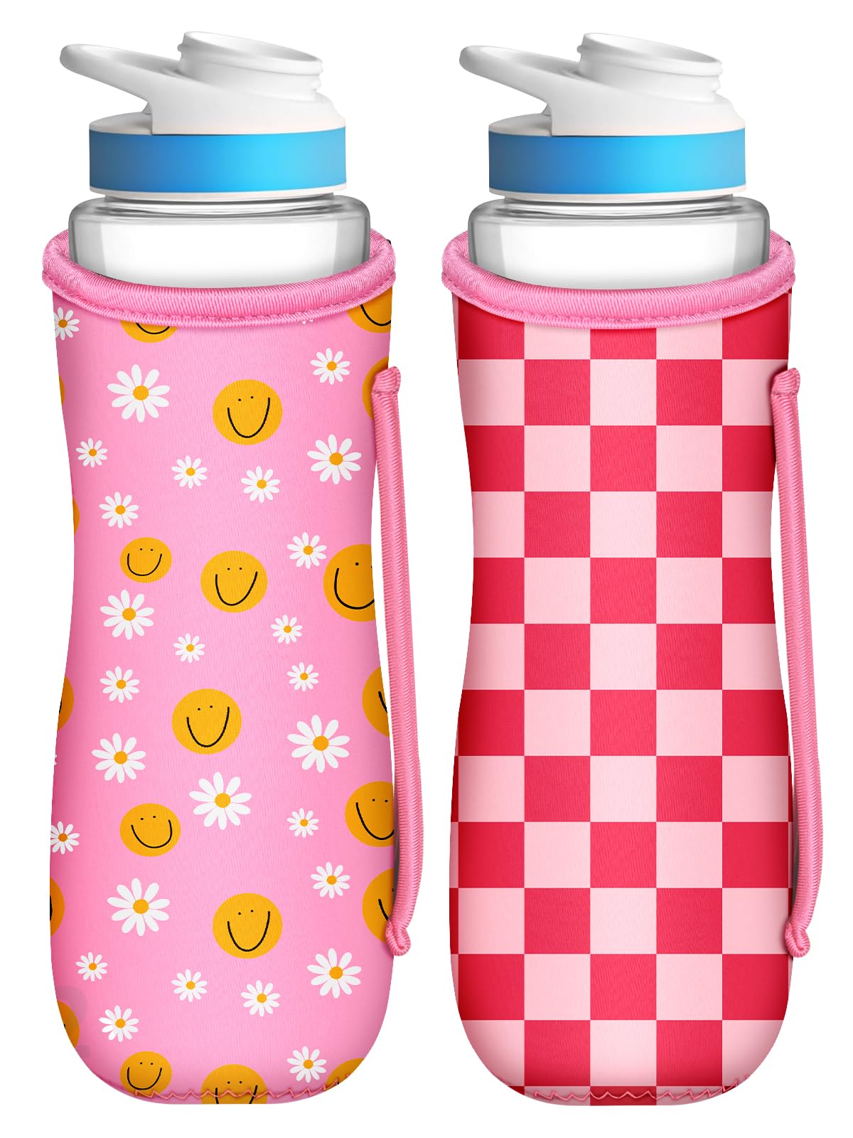 Toykee Water Bottle Sleeve For Cirkul 22 Oz - 2 Pack Bottles Cover Holder Carrier Bag With Side Handle Pink Plaid And Daisy Smil