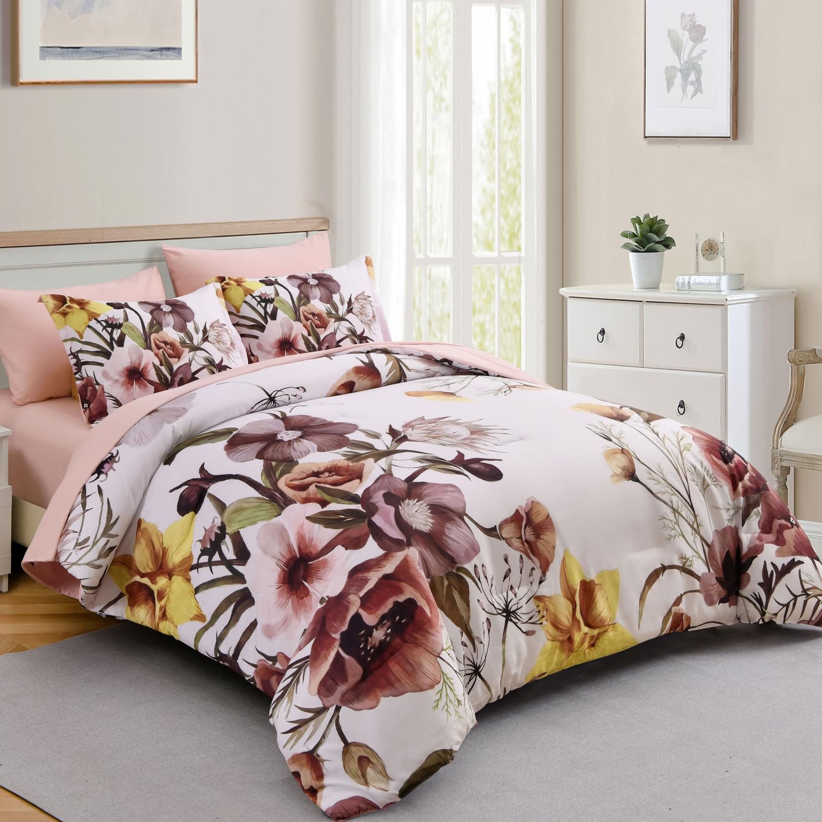Luxudecor Floral Comforter Set King Size 7 Piece, Blush Flower Bed In A Bag, Elegant Floral Comforter With Sheet Set, Soft Micro