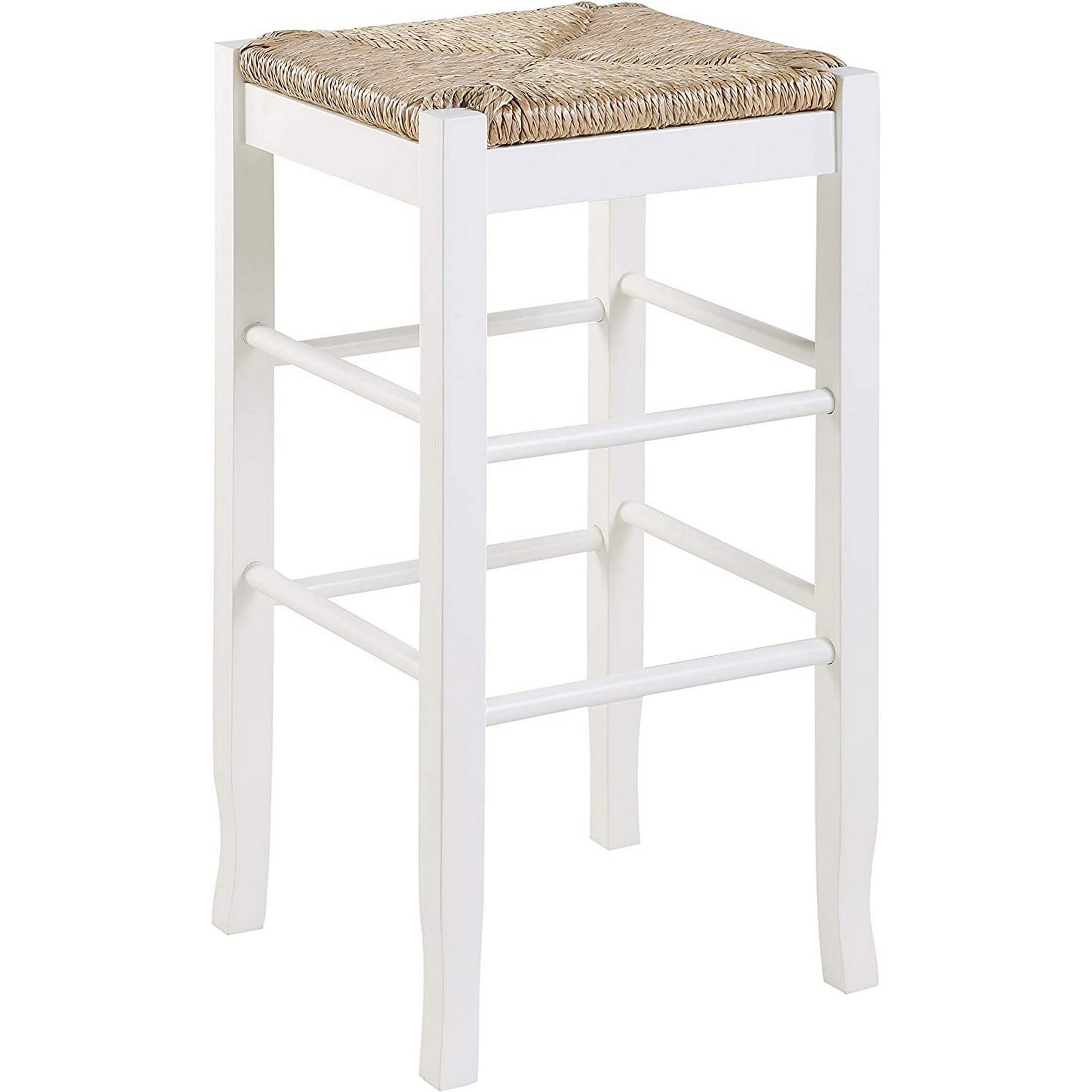 Benjara Square Wooden Frame Barstool With Hand Woven Rush, White And Brown