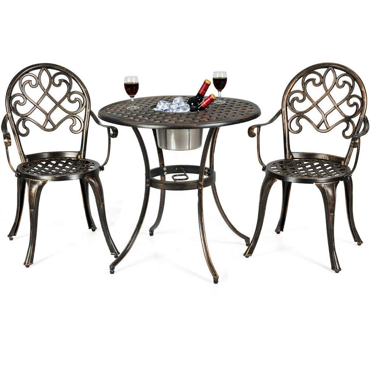 Giantex 3Pcs Bistro Table Set Cast Aluminum Outdoor Patio Furniture Set Round Table W/Removable Ice Bucket, 2 Chairs Antique Garden Furniture Weather Resistant (Antique Bronze)