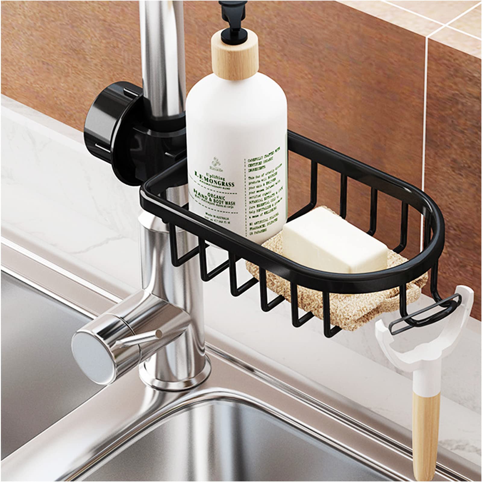DBlosp Sponge Holder Faucet Kitchen Sink Organizer,Sink Sponge Holder,Aluminium Detachable Storage Rack for Kitchen Sinks and Ba