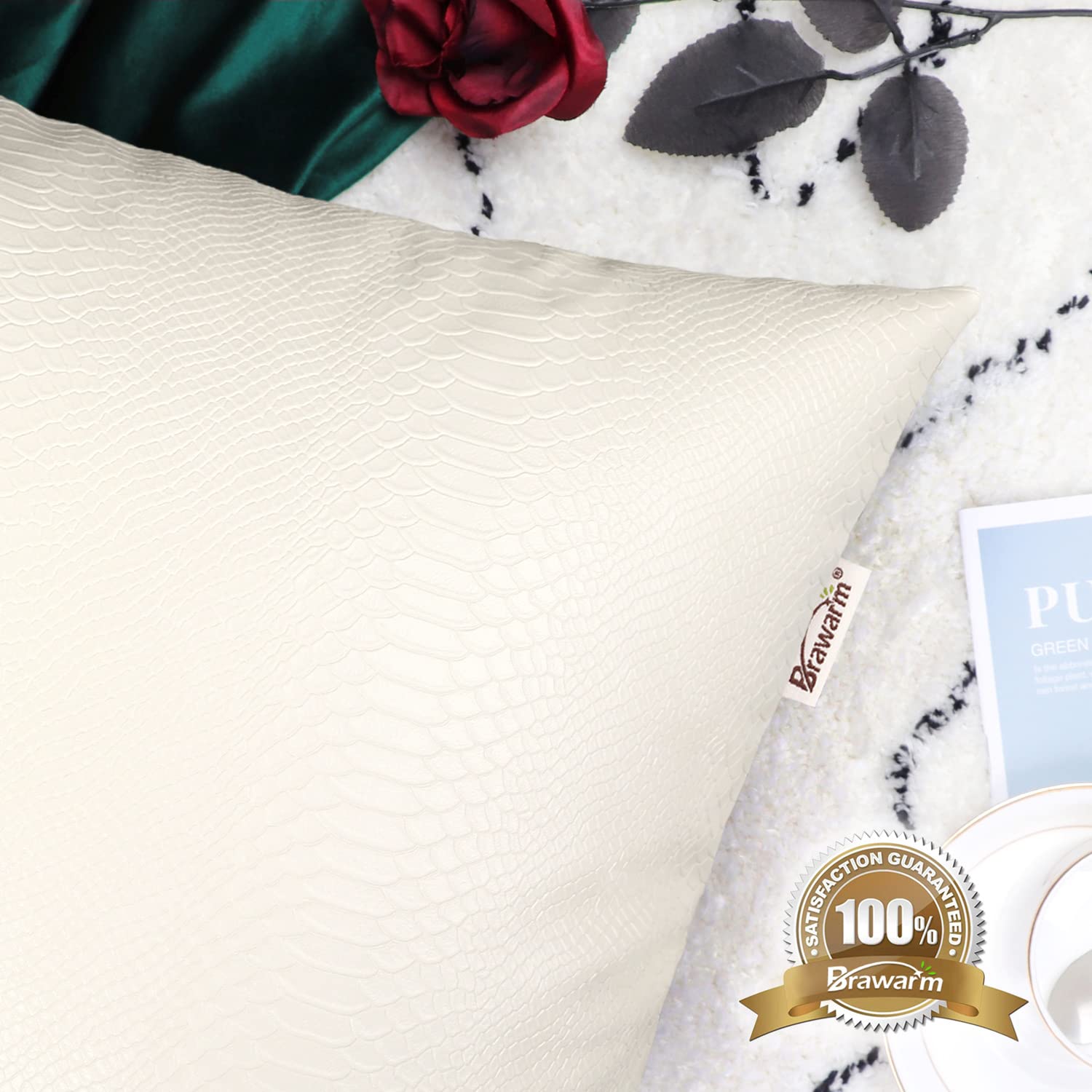 Brawarm Ivory White Leather Throw Pillows 20 X 20 Inches, Snake Leather Pillow Covers Pack Of 2, Faux Leather Decorative Pillow