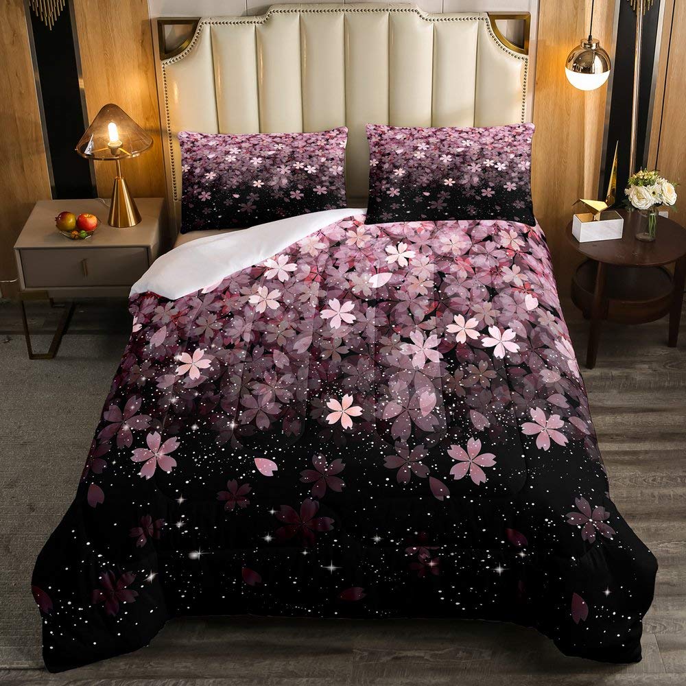 Erosebridal Cherry Blossom Comforter Set Full Size, Pink Flower Down Comforter, Petal Floral Quilted Duvet, Starry Sky Glitter G