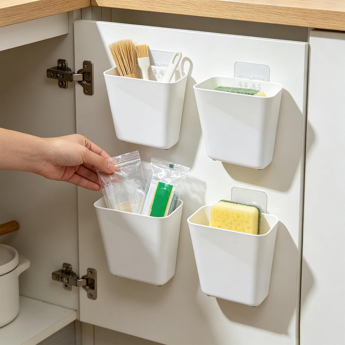 Fsfsdg 4 Pack White Kitchen Cabinet Door Storage Box Self Adhesive Wall Mounted Storage Bins No Drilling Organizer for Kitchen B