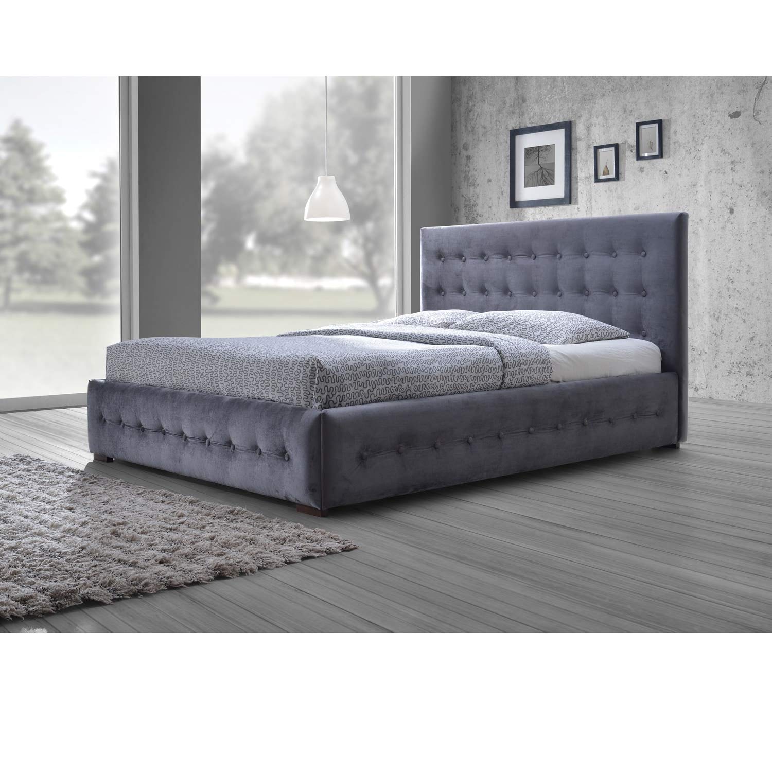 Baxton Studio Wholesale Interiors Margaret Modern and Contemporary Velvet Button-Tufted Platform Bed, Queen, Grey