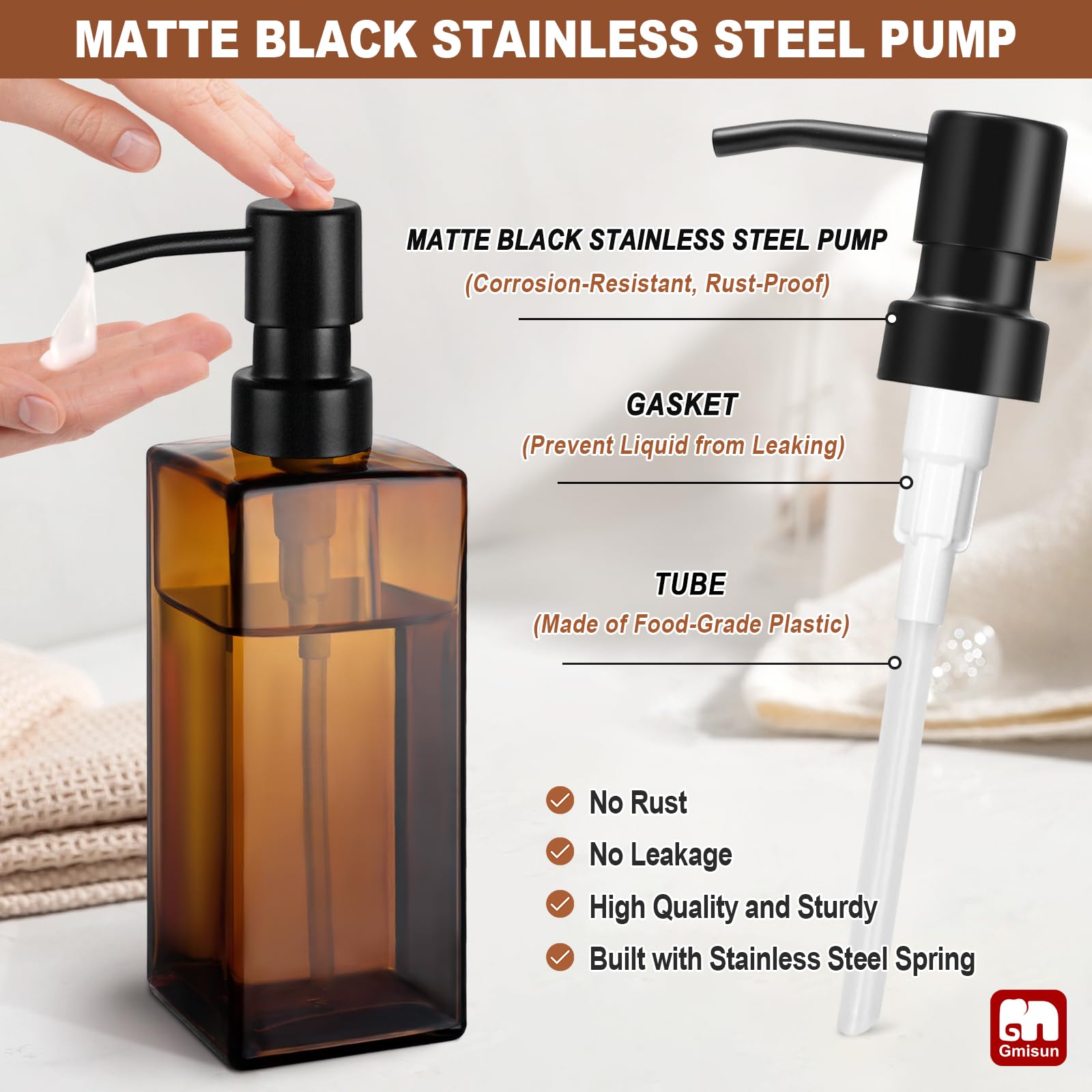 Gmisun Amber Glass Soap Dispenser With Stainless Steel Pump, Hand Soap Dispenser For Bathroom, 12Oz Dish Soap Dispenser For Kitc