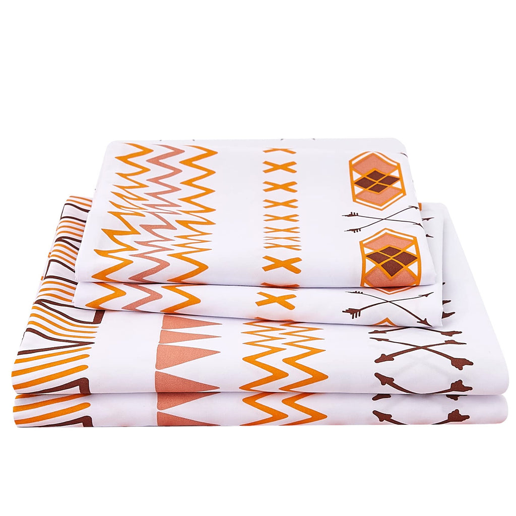 Jsd Orange Boho Queen Sheet Set, 4 Piece Soft Geometric Printed Microfiber Sheets Extra Deep Pocket