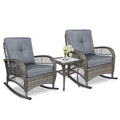 Vivijason 3-Piece Outdoor Conversation Bistro Set, Patio Wicker Rocking Chairs Rattan Furniture Sets W/ 2 Rattan Chairs, Cushions, Glass Top Side Table For Garden Porch Backyard (Grey)