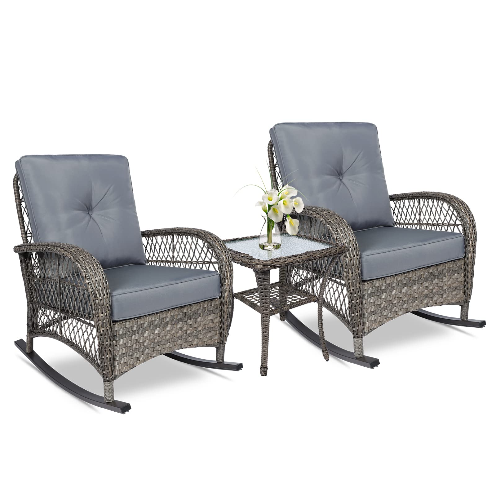 Vivijason 3-Piece Outdoor Conversation Bistro Set, Patio Wicker Rocking Chairs Rattan Furniture Sets W/ 2 Rattan Chairs, Cushions, Glass Top Side Table For Garden Porch Backyard (Grey)