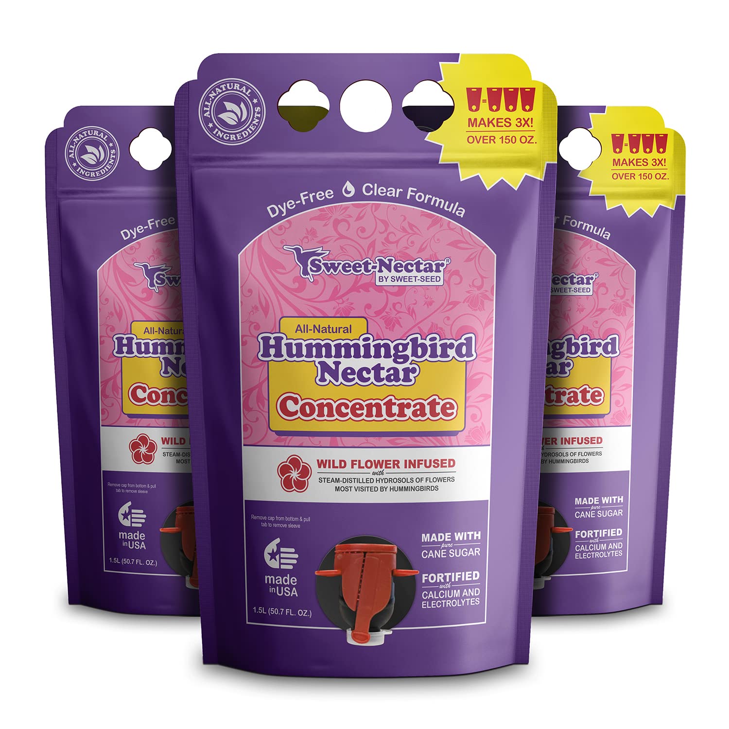 Sweet-Seed 3-Pack Hummingbird Nectar, Concentrate - Makes 3X The Volume- 1.5 L (50.7 Oz) - Extends The Life Of Nectar For Hummin